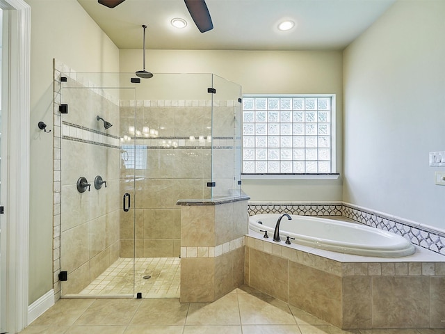 bathroom featuring tile patterned flooring and plus walk in shower