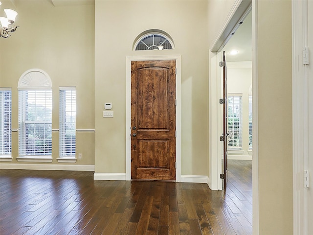 foyer featuring a towering ceiling and dark hardwood / wood-style floors