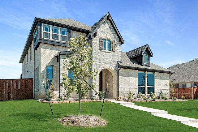 french provincial home with a front lawn