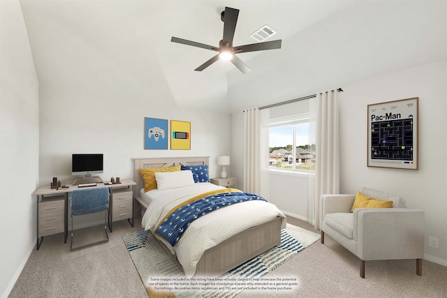 carpeted bedroom with ceiling fan