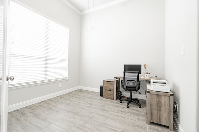 office space with crown molding and light hardwood / wood-style floors