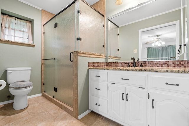 bathroom with vanity, tile patterned floors, ceiling fan, toilet, and an enclosed shower