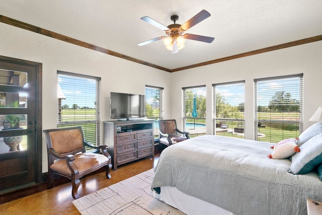 bedroom featuring crown molding, ceiling fan, and hardwood / wood-style floors