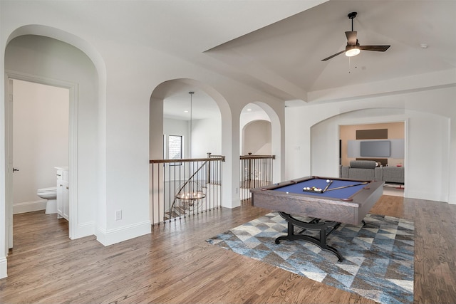 game room with ceiling fan, baseboards, wood finished floors, and pool table