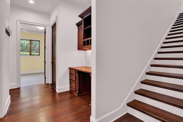 stairs featuring ornamental molding, recessed lighting, wood finished floors, and baseboards