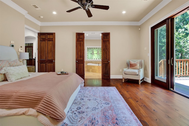 bedroom featuring access to exterior, arched walkways, visible vents, and ornamental molding