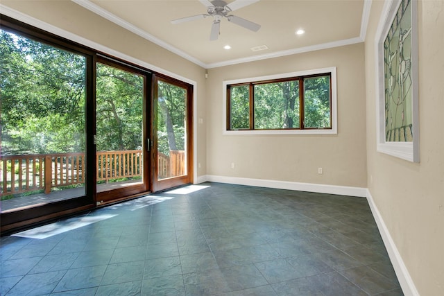 empty room featuring baseboards, visible vents, ceiling fan, ornamental molding, and recessed lighting