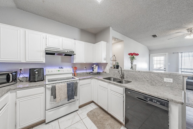 kitchen with white electric range oven, kitchen peninsula, sink, ceiling fan, and black dishwasher