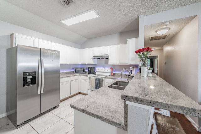 kitchen featuring white electric stove, stainless steel fridge, kitchen peninsula, sink, and light tile flooring