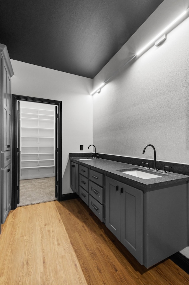 bathroom featuring wood-type flooring and double sink