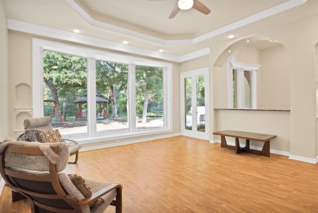 sitting room featuring a raised ceiling, light wood-type flooring, and a wealth of natural light