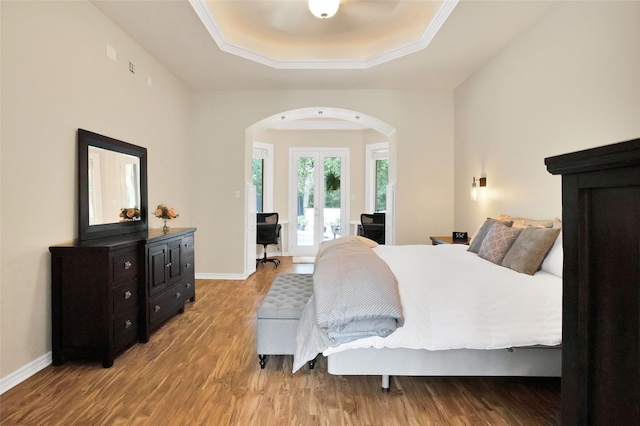 bedroom featuring access to exterior, light wood-type flooring, and a tray ceiling