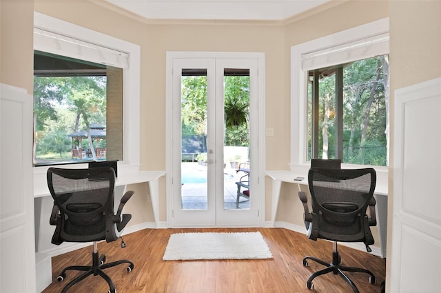 doorway to outside featuring hardwood / wood-style floors, a healthy amount of sunlight, and french doors