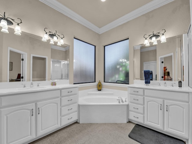 bathroom featuring vanity, tile patterned floors, ornamental molding, and independent shower and bath