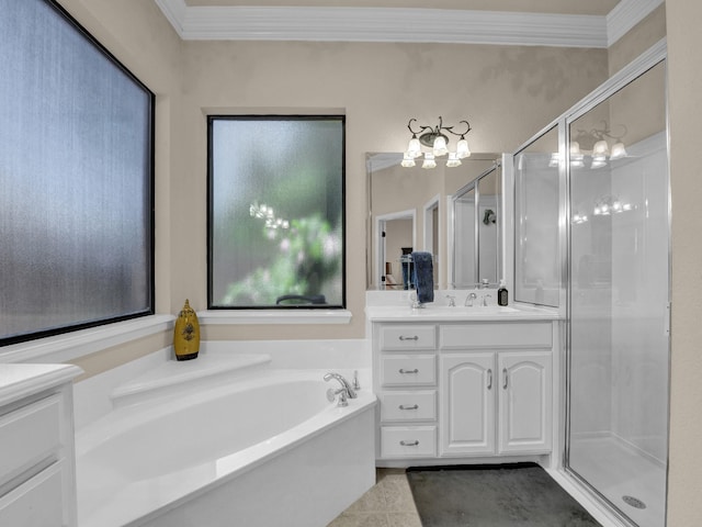 bathroom featuring ornamental molding, vanity, independent shower and bath, and tile patterned flooring