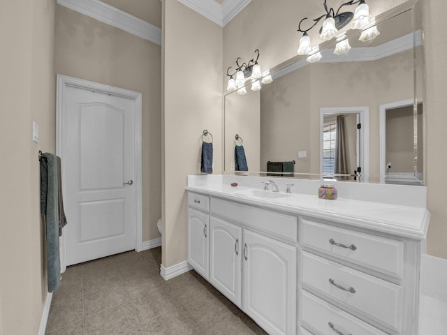 bathroom with vanity, a notable chandelier, toilet, crown molding, and tile patterned floors