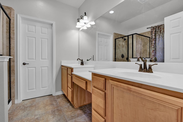 bathroom with double sink vanity, walk in shower, and tile patterned floors