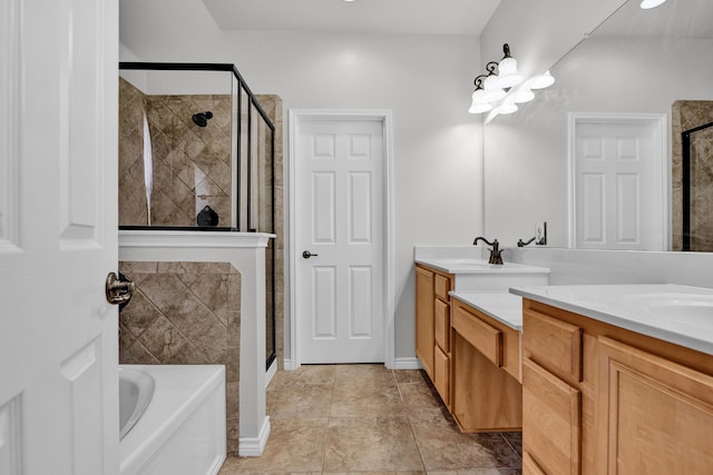 bathroom featuring tile patterned floors, shower with separate bathtub, and dual bowl vanity