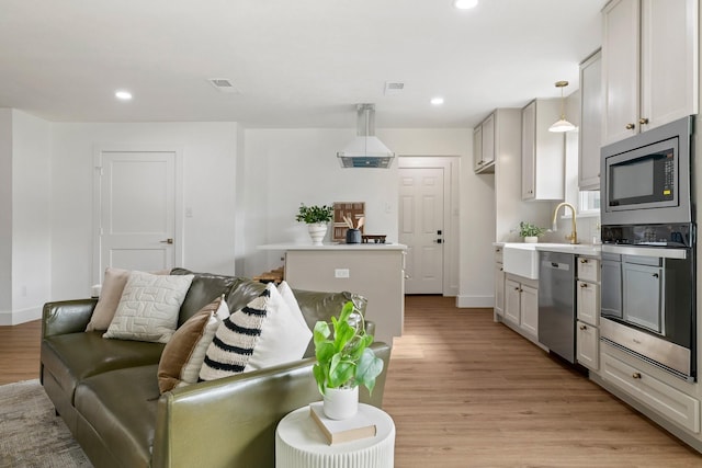 living room with light hardwood / wood-style floors and sink