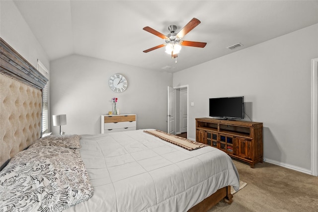 bedroom featuring carpet flooring, ceiling fan, and lofted ceiling