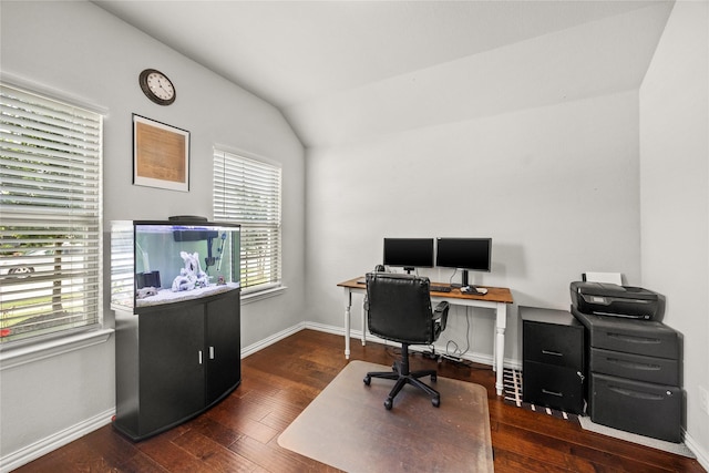 office area with dark hardwood / wood-style flooring and lofted ceiling