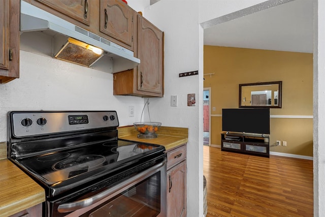 kitchen featuring lofted ceiling, stainless steel electric range, and hardwood / wood-style floors