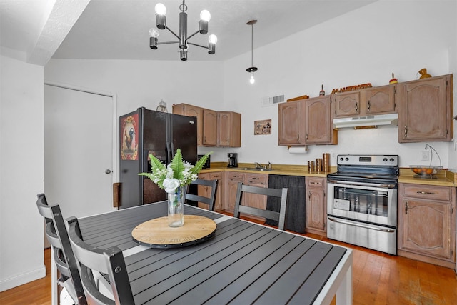 kitchen featuring a chandelier, hanging light fixtures, light wood-type flooring, sink, and stainless steel range with electric cooktop