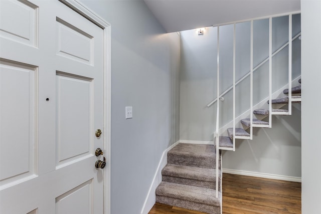 staircase featuring wood-type flooring