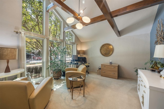 interior space with beam ceiling, light carpet, high vaulted ceiling, and a chandelier