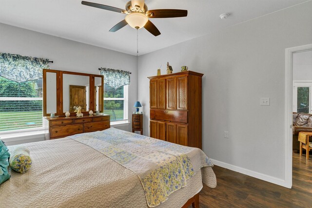 bedroom with multiple windows, dark wood-type flooring, and ceiling fan