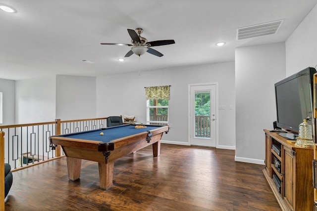 rec room featuring billiards, ceiling fan, and dark wood-type flooring