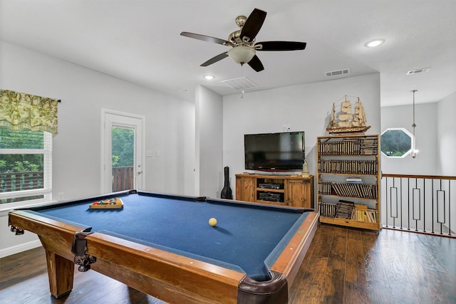 recreation room featuring ceiling fan, billiards, and dark hardwood / wood-style floors