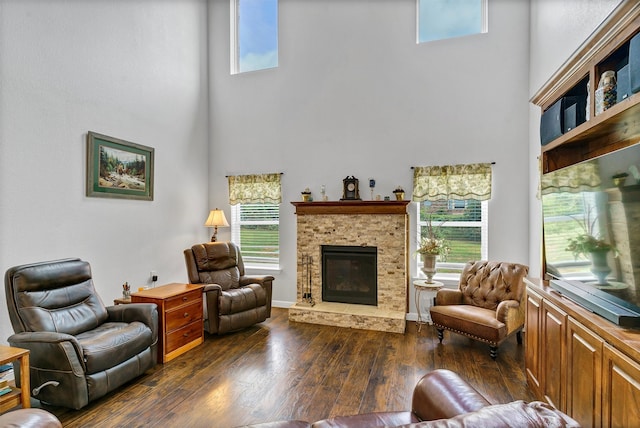 living room featuring a high ceiling and dark wood-type flooring