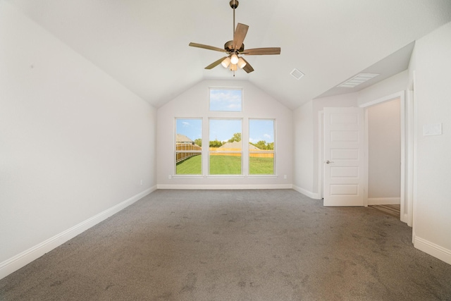 additional living space with carpet flooring, vaulted ceiling, and ceiling fan