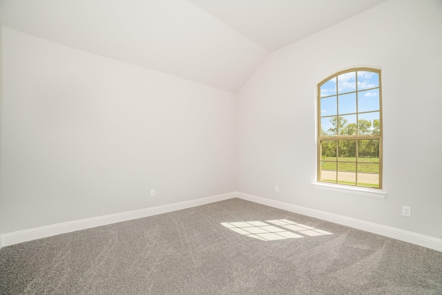 spare room with carpet floors and vaulted ceiling