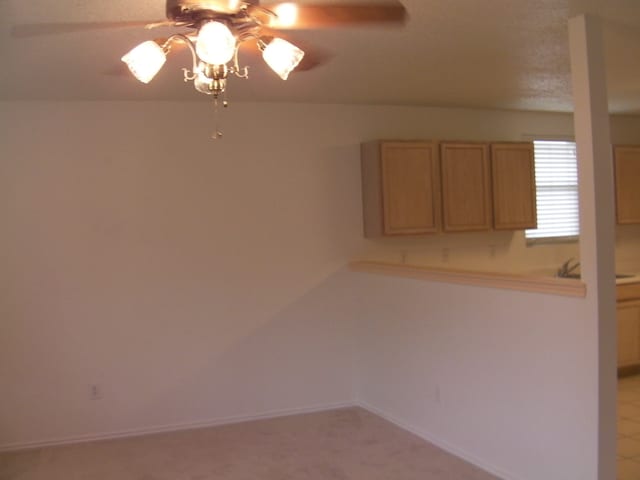 interior space with sink, ceiling fan, and carpet flooring