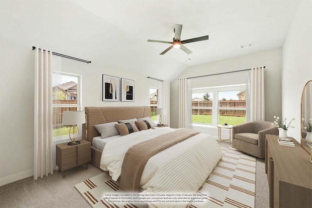 bedroom featuring ceiling fan, light colored carpet, visible vents, baseboards, and vaulted ceiling