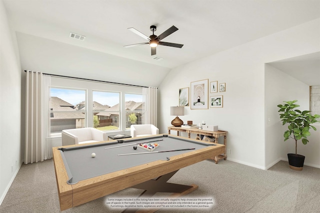 rec room featuring ceiling fan, pool table, light carpet, and vaulted ceiling