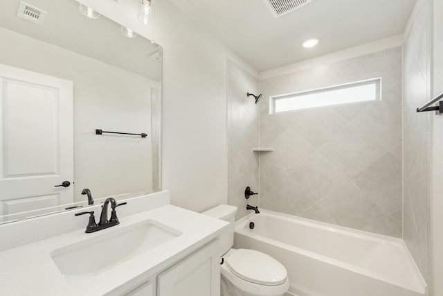 full bath featuring visible vents, vanity, toilet, and shower / bathtub combination