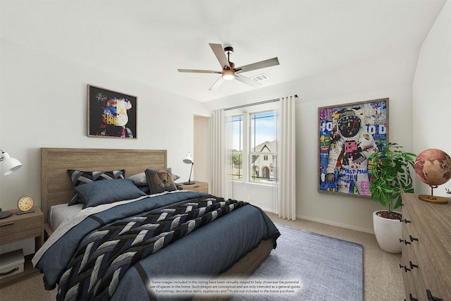 carpeted bedroom with ceiling fan, visible vents, and baseboards