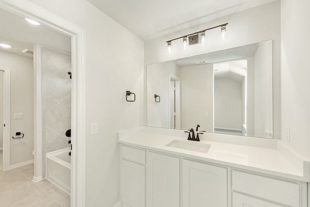 full bathroom featuring vanity,  shower combination, toilet, and tile patterned flooring