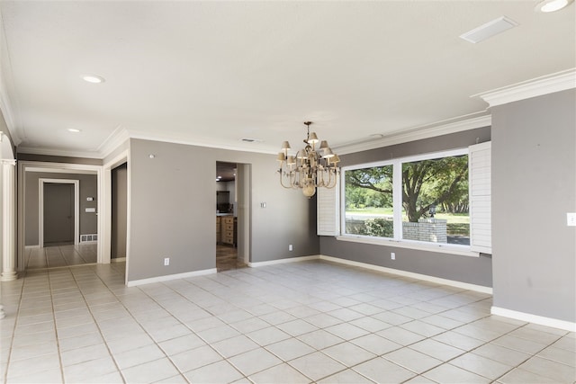 tiled empty room with ornamental molding and a notable chandelier