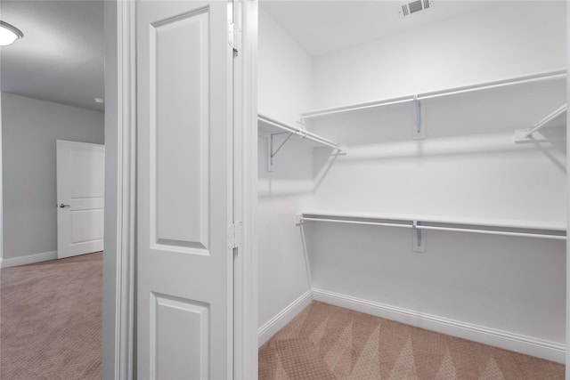 spacious closet featuring light colored carpet