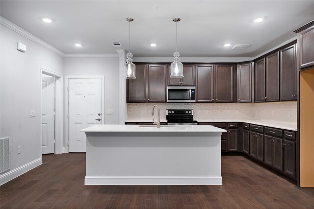 spare room with crown molding, ceiling fan, and dark hardwood / wood-style floors