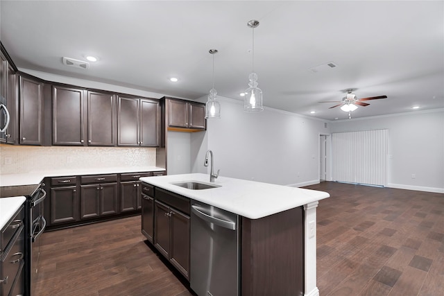 kitchen with sink, a center island with sink, appliances with stainless steel finishes, dark hardwood / wood-style floors, and pendant lighting