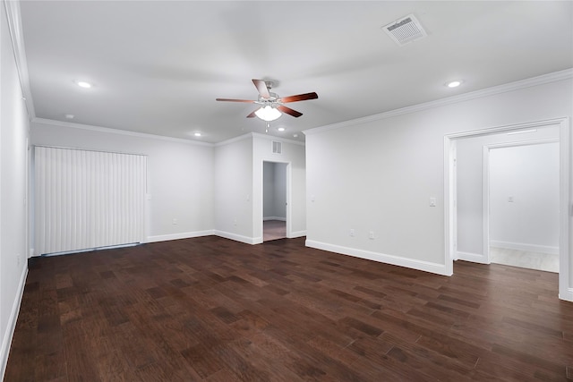 empty room featuring ornamental molding, dark hardwood / wood-style floors, and ceiling fan