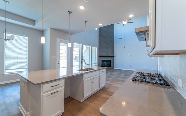 kitchen with light hardwood / wood-style flooring, an island with sink, a fireplace, sink, and white cabinets