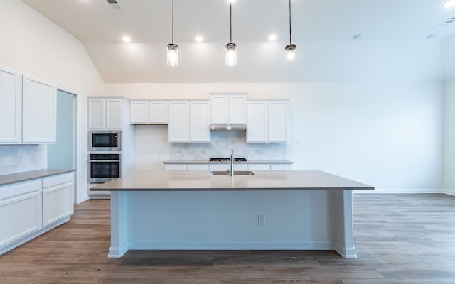 kitchen featuring backsplash, appliances with stainless steel finishes, lofted ceiling, and a kitchen island with sink