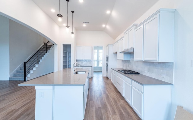 kitchen featuring lofted ceiling, arched walkways, a sink, light wood-style floors, and appliances with stainless steel finishes