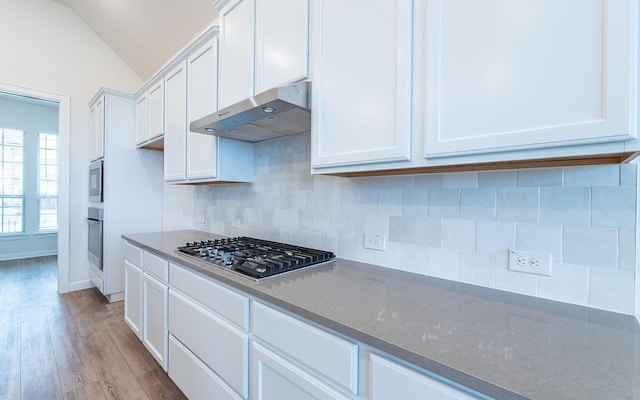 kitchen with decorative backsplash, wood finished floors, stainless steel appliances, under cabinet range hood, and white cabinetry